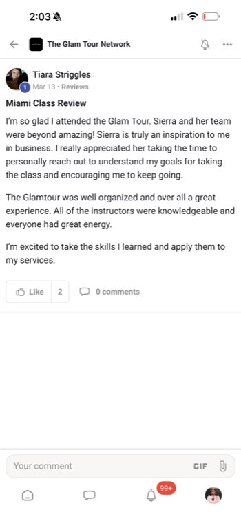 Real Glam Tour student review from The Glam Tour Network on Facebook
