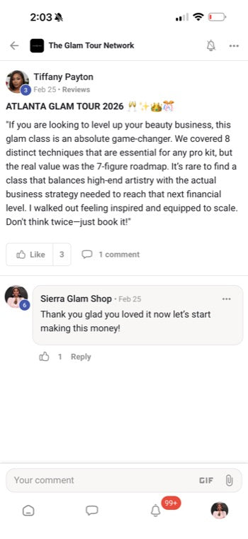Real Glam Tour student review from The Glam Tour Network on Facebook