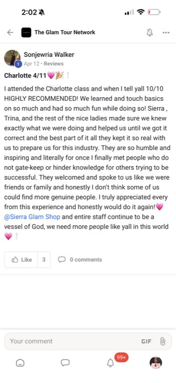 Real Glam Tour student review from The Glam Tour Network on Facebook