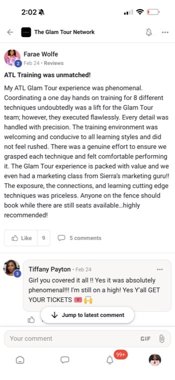 Real Glam Tour student review from The Glam Tour Network on Facebook