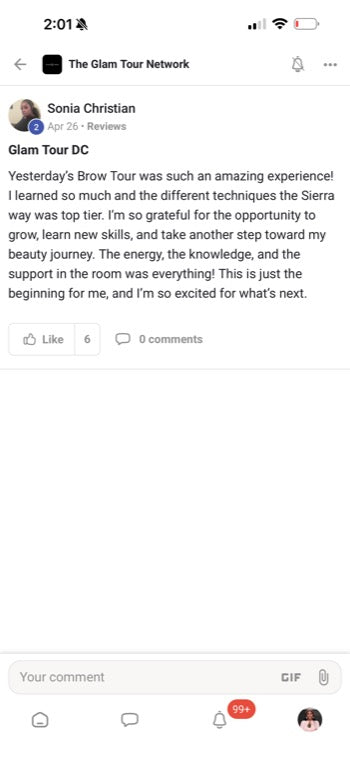 Real Glam Tour student review from The Glam Tour Network on Facebook