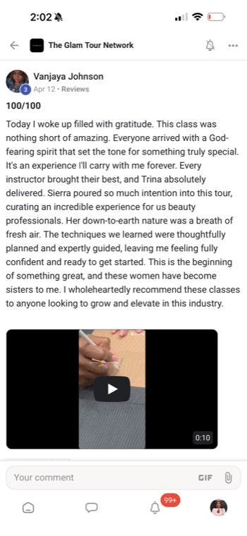 Real Glam Tour student review from The Glam Tour Network on Facebook