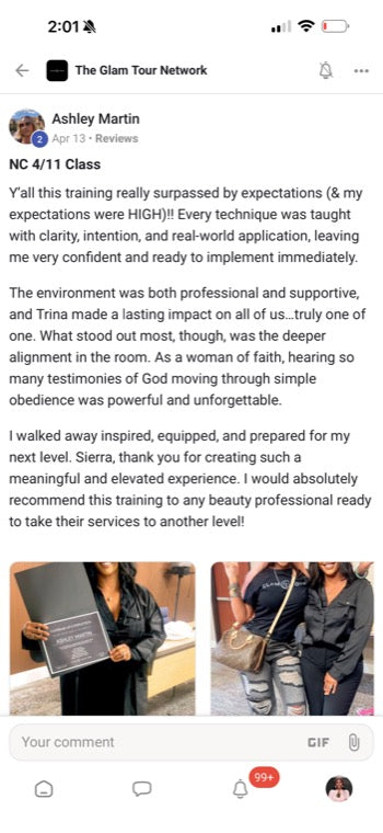 Real Glam Tour student review from The Glam Tour Network on Facebook