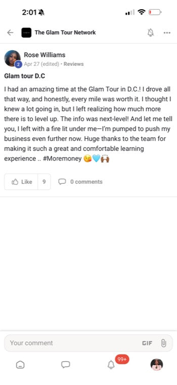 Real Glam Tour student review from The Glam Tour Network on Facebook