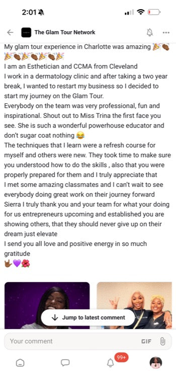 Real Glam Tour student review from The Glam Tour Network on Facebook