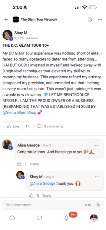 Real Glam Tour student review from The Glam Tour Network on Facebook