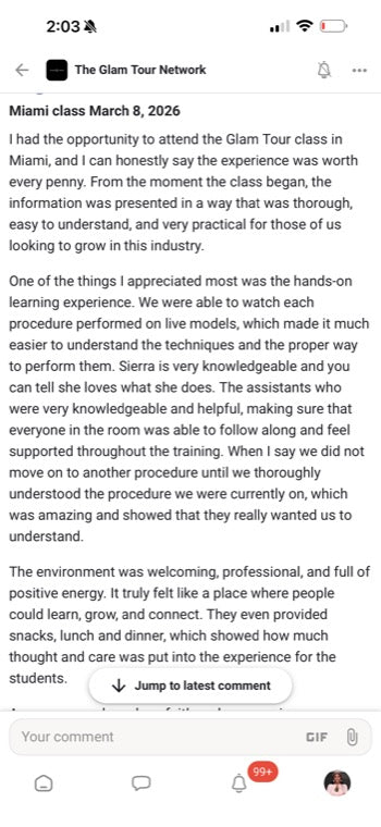 Real Glam Tour student review from The Glam Tour Network on Facebook