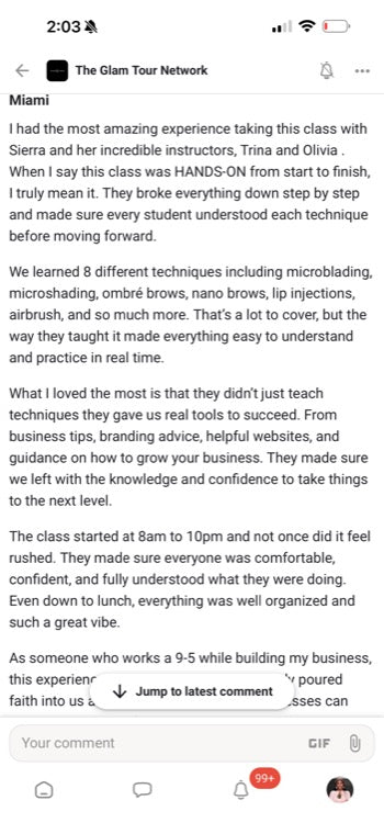 Real Glam Tour student review from The Glam Tour Network on Facebook
